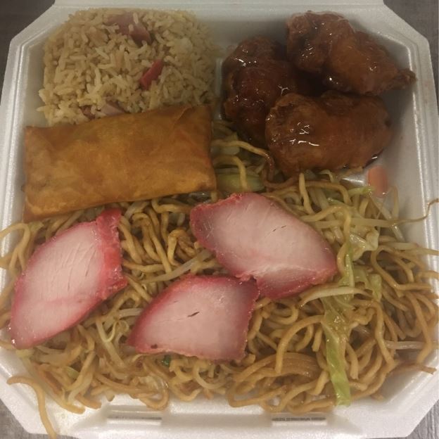 No. 6 Pork Chow Mein, Pork Fried Rice, Egg Roll (1), Sweet & Sou