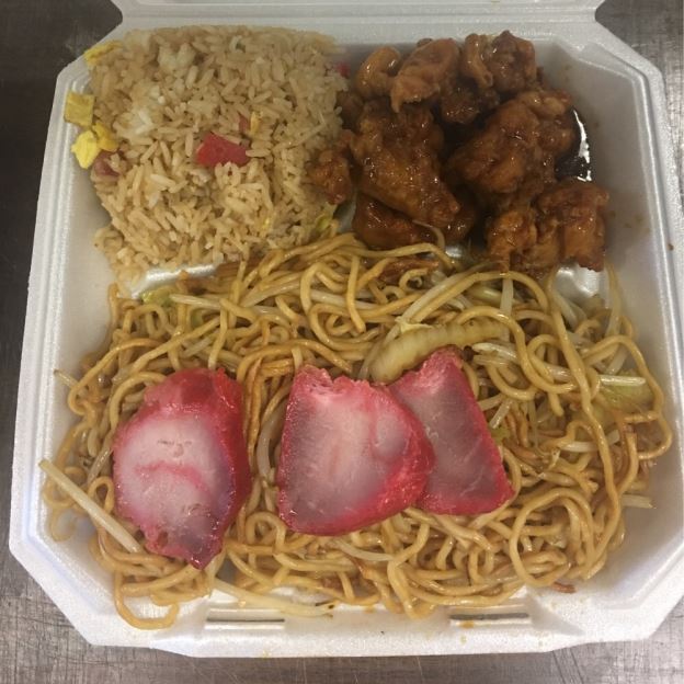 No. 9 Pork Chow Mein, Pork Fried Rice, Orange Sauce Chicken