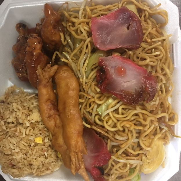 No. 8 Pork Chow Mein, Pork Fried Rice, Sweet & Sour Chicken Wing